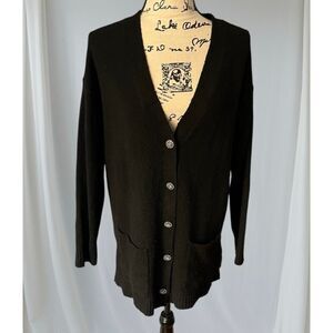 Talbots Women’s M V-Neck Rhinestone Button LS Long Cardigan Black Evenings